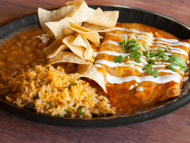 Enchiladas, Beans, Rice and Tortilla Chips